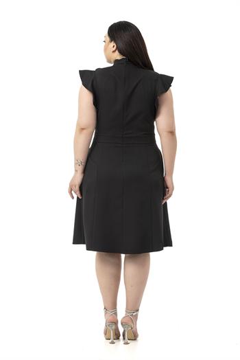 Büyük Beden Yakası Fularlı Kolları Volanlı Midi Siyah Elbise 