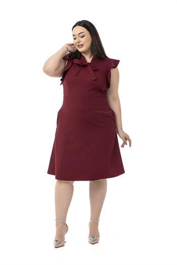 Büyük Beden Yakası Fularlı Kolları Volanlı Midi Bordo Elbise 