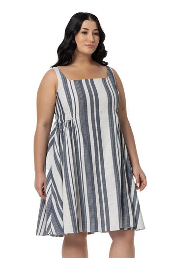 Büyük Beden Yanlarda Büzgü ve Arkada Bağlama Detaylı Keten Mini Lacivert Elbise 