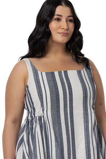 Büyük Beden Yanlarda Büzgü ve Arkada Bağlama Detaylı Keten Mini Lacivert Elbise 