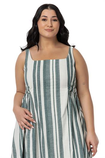 Büyük Beden Yanlarda Büzgü ve Arkada Bağlama Detaylı Keten Mini Yeşil Elbise 