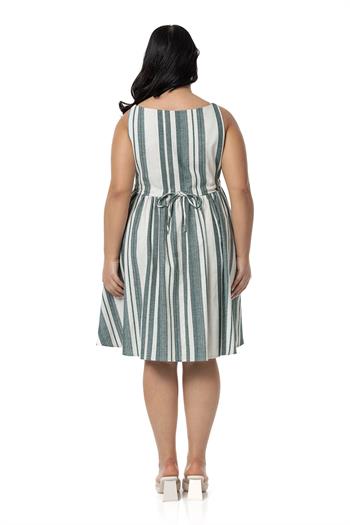 Büyük Beden Yanlarda Büzgü ve Arkada Bağlama Detaylı Keten Mini Yeşil Elbise 