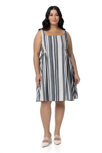 Büyük Beden Yanlarda Büzgü ve Arkada Bağlama Detaylı Keten Mini Lacivert Elbise 