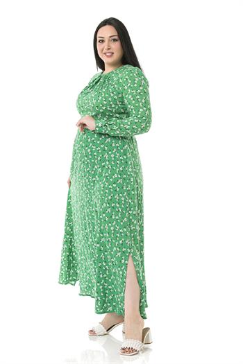Büyük Beden Yuvarlak Yaka Kuşak Detaylı Uzun Boy Etekleri Yırtmaçlı Yeşil Elbise
