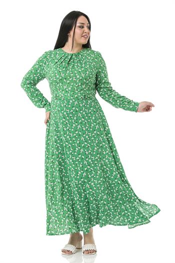 Büyük Beden Yuvarlak Yaka Kuşak Detaylı Uzun Boy Etekleri Yırtmaçlı Yeşil Elbise