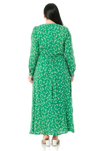 Büyük Beden Yuvarlak Yaka Kuşak Detaylı Uzun Boy Etekleri Yırtmaçlı Yeşil Elbise