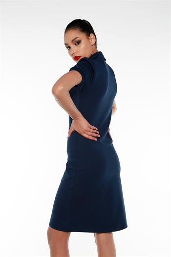 Gömlek Yaka Yarım Kollu Göğüsten Cepli Lacivert Streç Elbise
