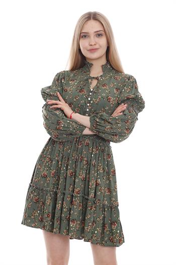 Hakim Yaka Boyundan Bağcık Detaylı Bel ve Kolları Gipeli Çiçek Desenli Yeşil Mini Elbise