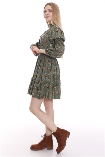 Hakim Yaka Boyundan Bağcık Detaylı Bel ve Kolları Gipeli Çiçek Desenli Yeşil Mini Elbise