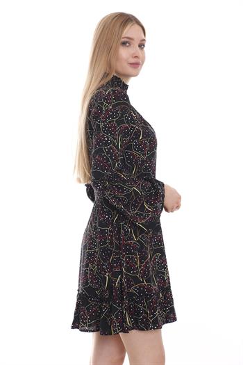 İspanyol Kollu Fırfırlı Dik Yaka Siyah Zemin Üzerine Kırmızı Yaprak Desenli Tunik Elbise