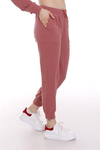 Beli Lastikli ve Bağcık Detaylı Önden Cepli Gül Kurusu Eşofman Altı