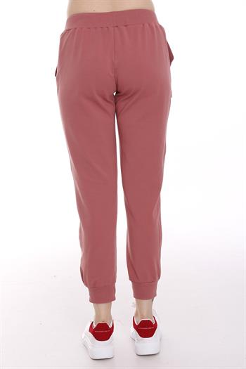 Beli Lastikli ve Bağcık Detaylı Önden Cepli Gül Kurusu Eşofman Altı