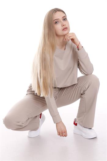 Belden Lastikli Uzun Kollu Crop Eşofman Takım