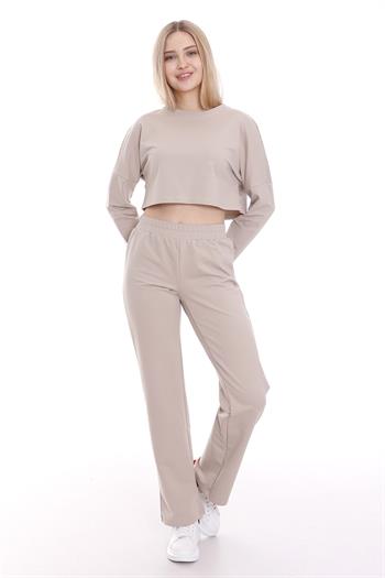 Belden Lastikli Uzun Kollu Crop Eşofman Takım