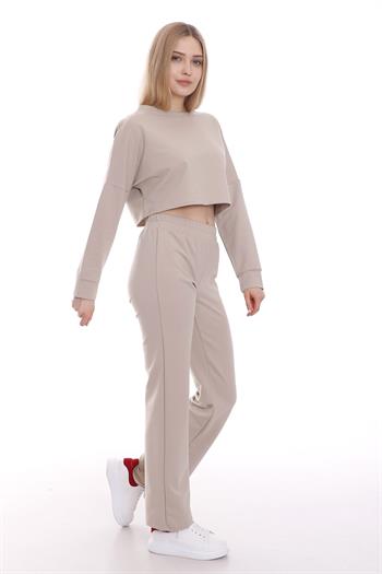 Belden Lastikli Uzun Kollu Crop Eşofman Takım