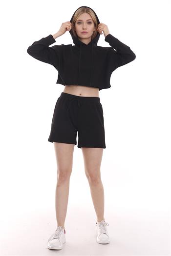 Kapüşonlu Crop Yandan Cepli Siyah Şort Takım