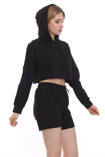 Kapüşonlu Crop Yandan Cepli Siyah Şort Takım