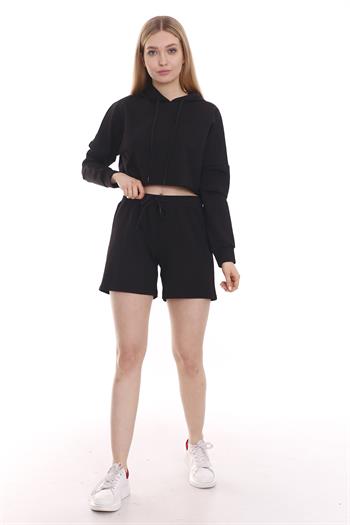 Kapüşonlu Crop Yandan Cepli Siyah Şort Takım