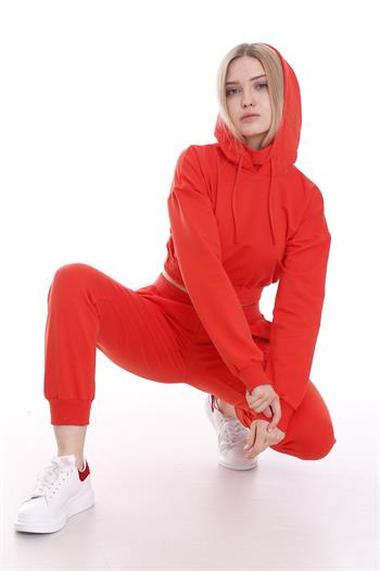 Kapüşonlu Uzun Kollu Balıkçı Yaka Belden Lastikli Önden Cepli Crop Eşofman Takımı