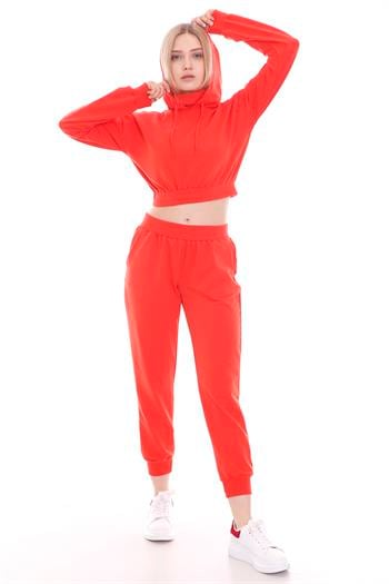 Kapüşonlu Uzun Kollu Balıkçı Yaka Belden Lastikli Önden Cepli Crop Eşofman Takımı