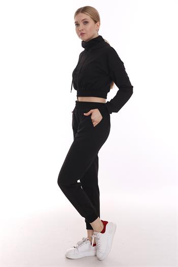 Kapüşonlu Uzun Kollu Balıkçı Yaka Belden Lastikli Önden Cepli Crop Siyah Eşofman Takımı