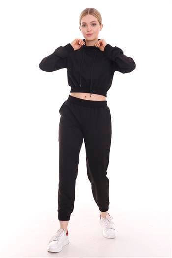 Kapüşonlu Uzun Kollu Balıkçı Yaka Belden Lastikli Önden Cepli Crop Siyah Eşofman Takımı