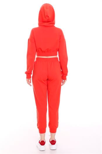 Kapüşonlu Uzun Kollu Balıkçı Yaka Belden Lastikli Önden Cepli Crop Eşofman Takımı