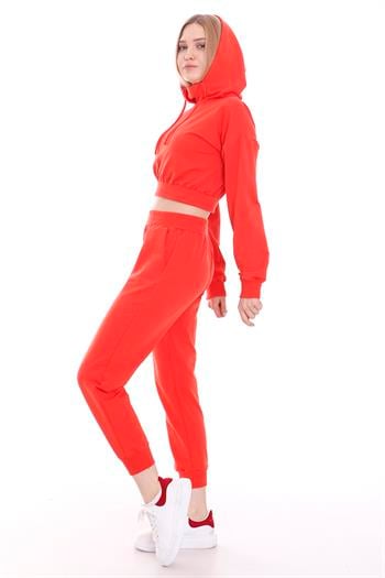 Kapüşonlu Uzun Kollu Balıkçı Yaka Belden Lastikli Önden Cepli Crop Eşofman Takımı