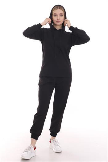 Kapüşonlu Uzun Kollu Önden Cepli Siyah Eşofman Takımı