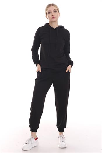 Kapüşonlu Uzun Kollu Önden Cepli Siyah Eşofman Takımı
