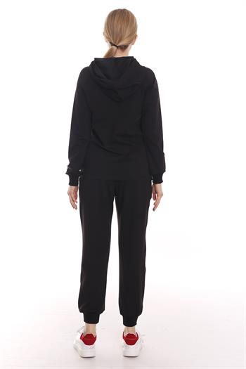 Kapüşonlu Uzun Kollu Önden Cepli Siyah Eşofman Takımı