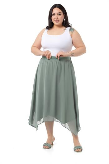 Büyük Beden Asimetrik Kesim Astarlı Mint Yeşili Şifon Etek