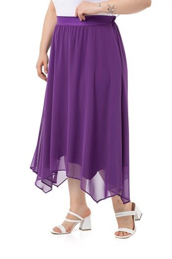 Büyük Beden Asimetrik Kesim Astarlı Mor Şifon Etek