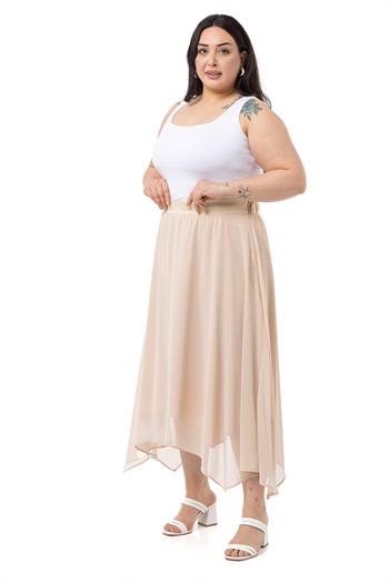 Büyük Beden Asimetrik Kesim Astarlı Bej Rengi Şifon Etek