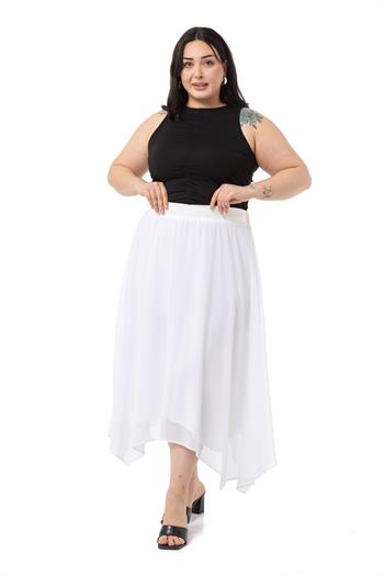 Büyük Beden Asimetrik Kesim Astarlı Beyaz Şifon Etek