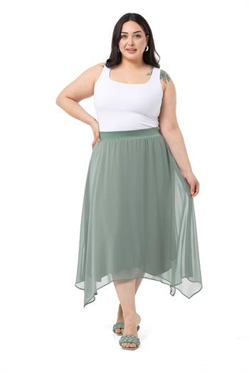 Büyük Beden Asimetrik Kesim Astarlı Mint Yeşili Şifon Etek