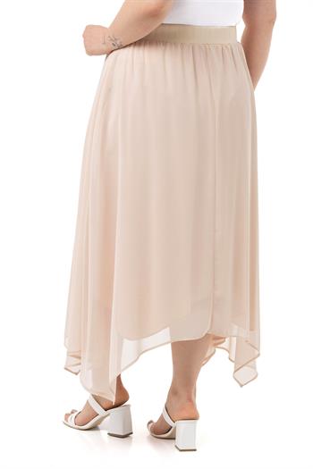 Büyük Beden Asimetrik Kesim Astarlı Bej Rengi Şifon Etek