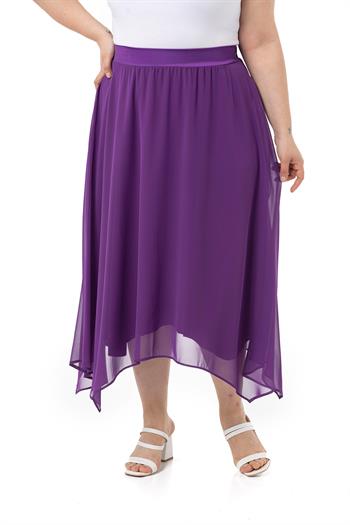 Büyük Beden Asimetrik Kesim Astarlı Mor Şifon Etek