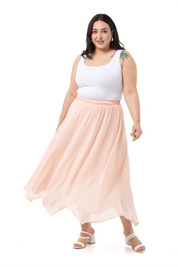 Büyük Beden Asimetrik Kesim Astarlı Pudra Şifon Etek