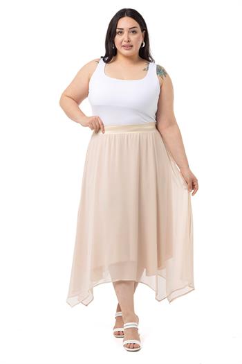 Büyük Beden Asimetrik Kesim Astarlı Bej Rengi Şifon Etek