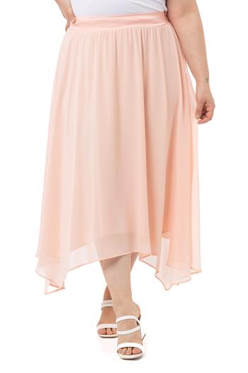 Büyük Beden Asimetrik Kesim Astarlı Pudra Şifon Etek