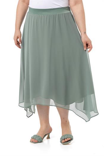Büyük Beden Asimetrik Kesim Astarlı Mint Yeşili Şifon Etek
