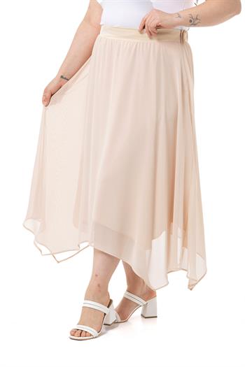 Büyük Beden Asimetrik Kesim Astarlı Bej Rengi Şifon Etek