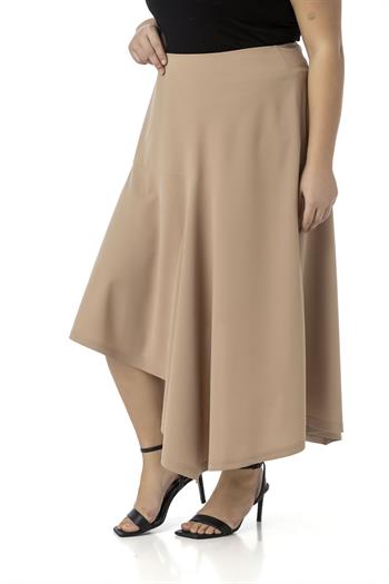 Büyük Beden Asimetrik Kesim Fermuar Kapamalı Vizon Etek