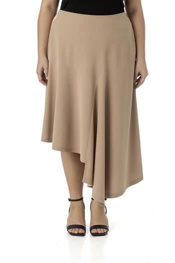 Büyük Beden Asimetrik Kesim Fermuar Kapamalı Vizon Etek