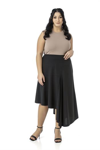 Büyük Beden Asimetrik Kesim Fermuar Kapamalı Siyah Etek