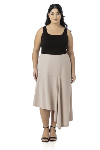 Büyük Beden Asimetrik Kesim Fermuar Kapamalı Bej Rengi Etek