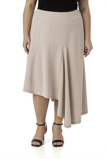 Büyük Beden Asimetrik Kesim Fermuar Kapamalı Bej Rengi Etek