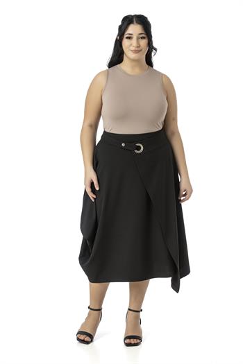 Büyük Beden Asimetrik Kesim Kuşgözü Detaylı Tek Cepli Midi Siyah Etek