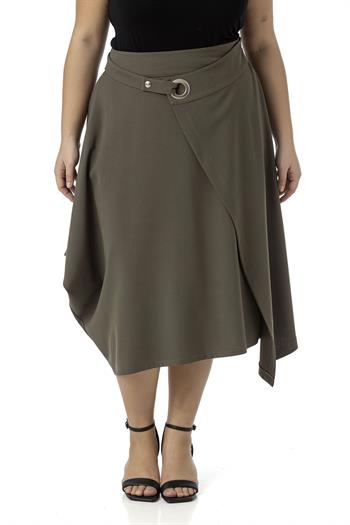 Büyük Beden Asimetrik Kesim Kuşgözü Detaylı Tek Cepli Midi Haki Etek